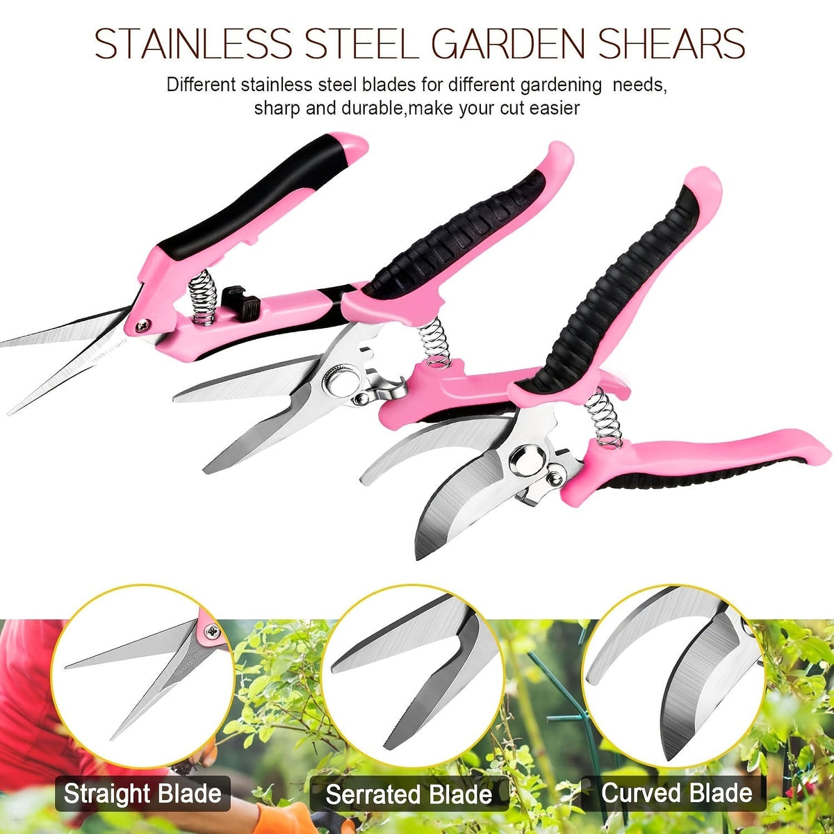 Pink garden shears with different blade types on a white background